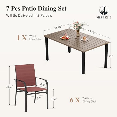 HERA'S HOUSE 7pc Patio Dining Set, Outdoor Wood-Like Metal Table & 6 Chairs - Image 6
