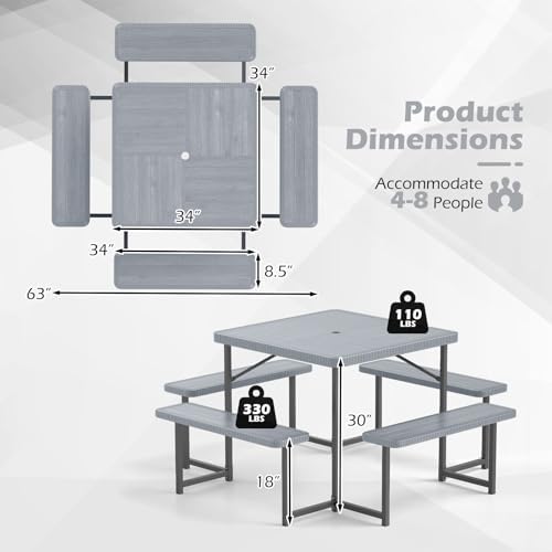 Tangkula 8 Person Square Picnic Table with 4 Built-in Benches - Image 3