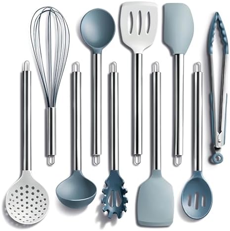 COOK WITH COLOR Silicone Cooking Utensils, Kitchen Utensil Set, Easy to Clean Silicone Kitchen Utensils, Cooking Utensils for Nonstick Cookware, Kitchen Gadgets Set, 10 Pieces, Blue and White by CookwithColor