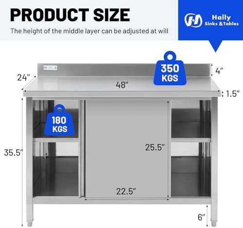 Hally Stainless Steel Cabinet 24"x48" Commercial Prep Workbench Backsplash - Image 2