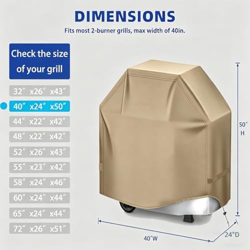 BBQ Gas Grill Cover for Outdoor, Anti-UV, Rip-Proof, 600D Oxford Fade Resistant Material, Barbecue Cover with Hook and Loop Straps & Adjustable Hem Drawstring (Beige, 40”x24”x50”) - Image 2