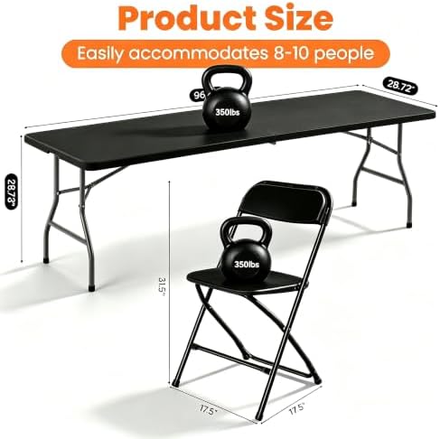 7-Piece Black Plastic 8FT Folding Table with 6 Black Folding Chair - Image 3