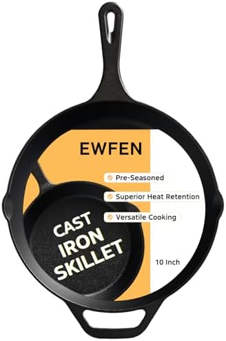 EWFEN Cast Iron Skillet 10 Inch, Pre-Seasoned Frying Pan, Heavy-Duty Professional Restaurant Chef Quality Cookware with Drip Spout, Indoor & Outdoor Use, Compatible with Oven, Stove, Grill & Campfire by EWFEN