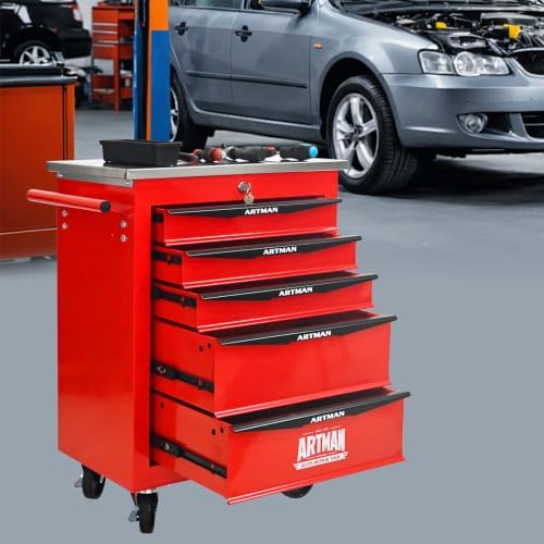 5-Drawer Heavy-Duty Rolling Tool Chest with Wheels & Steel Roof, Lockable Tool Chest Storage Cabinet for Garage, Workshop, Warehouse, and Repair Shop - Image 2