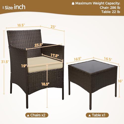 Yaheetech 3 Pieces Patio Porch Furniture Set, Outdoor PE Rattan Wicker Conversation Set with Soft Cushions, Glass Coffee Table & 2 Chairs for Garden/Deck/Courtyard/Poolside, Brown/Khaki - Image 3