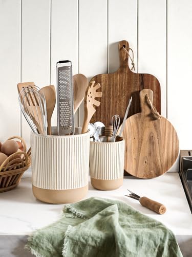 LE TAUCI Ceramic Kitchen Utensil Holder Set of 2 - 6.9"+5.3" Large Cooking Utensil Crock & Organizer for Spatula, Spoon, Whisk - Farmhouse Countertop Storage, Cream Beige, Line - Image 2