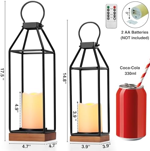 Perfnique Metal Lanterns w/ Pine Wood, Set of 2 Farmhouse Lantern Decorative w/ Waterproof Flameless Candle & Remote Timer, Modern Farmhouse Candle Holder for Outdoor, Porch, Fireplace(Wood Base) - Image 4