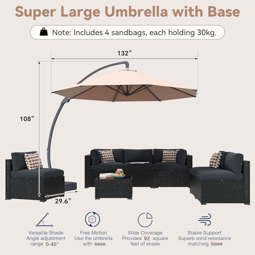 Aoxun Patio Furniture Set with Umbrella, 8 Piece Outdoor Sectional Sofas, Wicker Rattan Outdoor Furniture with Thickened Cushion for Backyard, Garden Dark Grey - Image 5