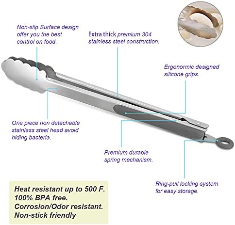 304 Stainless Steel Kitchen Cooking Tongs, 14 & 16 Inch, Set of 2, Grey - Image 5