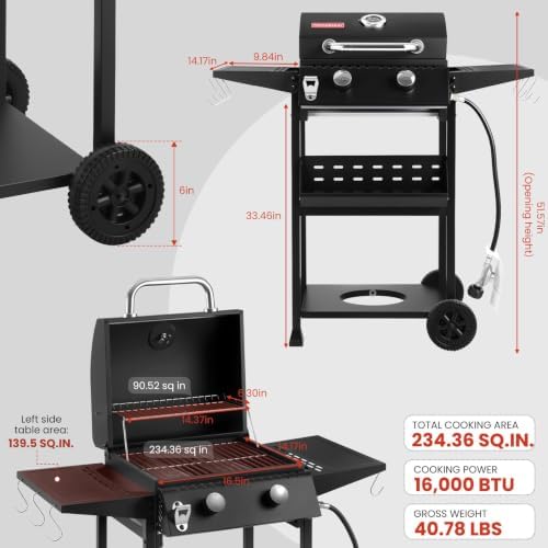 2-Burner Propane Gas Grill with Side Burner, Lid and Hooks - Image 3