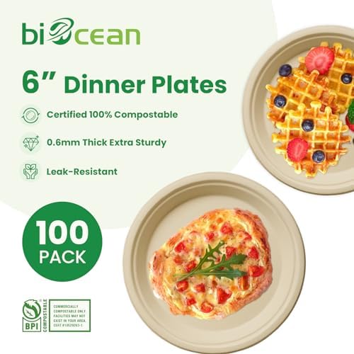 6 Inch Compostable Plates 100 Pack Heavy Duty Compostable Paper Plate, Disposable Eco-Friendly Sugarcane Bagasse Plate, Natural Brown Plates for Dinner, Dessert, and Weddings - Image 2