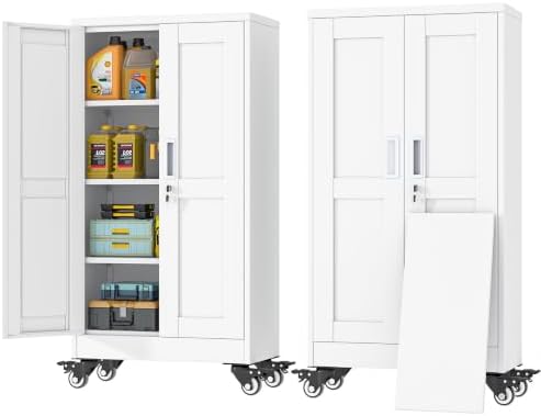 GAIOUS Metal Garage Storage Cabinet with Lock and Wheels, 45.7" Tall Metal Storage Cabinets with Locked Door and 3 Adjustable Shelves, Rolling Tool Cabinet, Utility File Cabinet for Home Office, White by GAIOUS