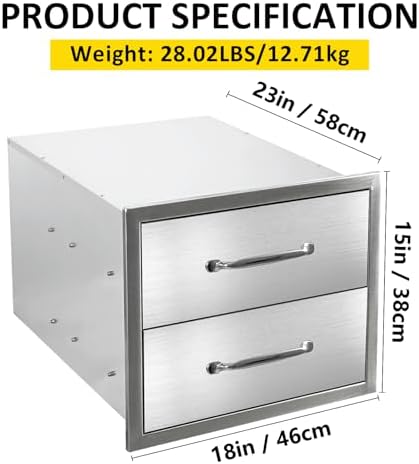 Outdoor Kitchen Drawers 18" W x 15" H x 23" D Flush Mount Double layer BBQ Drawers with Chrome Handle,Stainless Steel Built-in 2-Drawer for Outdoor Kitchen Island, Patio Grill Station - Image 2