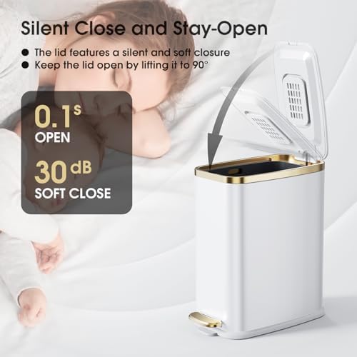 CEROELDA Small Bathroom Trash Can with Lid-5L/1.3 Gal-Soft Close Lid-White - Image 3