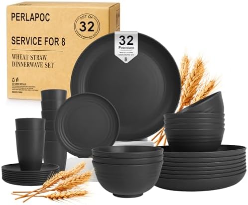 Wheat Straw Dinnerware Sets for 8, 32 PCS Unbreakable Plates and Bowls Sets, Reusable Dinnerware Set for Kitchen Outdoor and Apartment Dinning Essentials - Black by Perlapoc