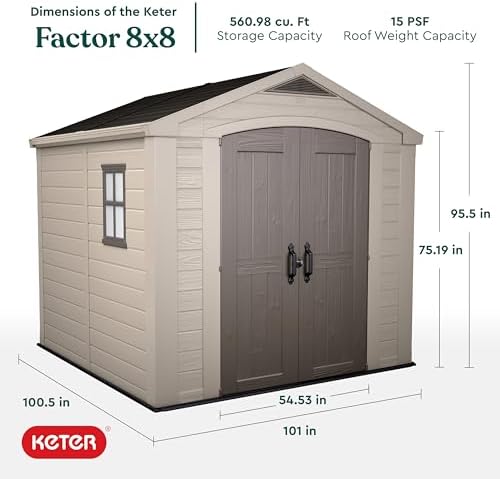 Keter Factor 8x8 Ft All-Weather Storage Shed with Skylight, Window, Built-in Ventilation, Customizable Walls, & Lockable Double Doors, Brown - Image 3