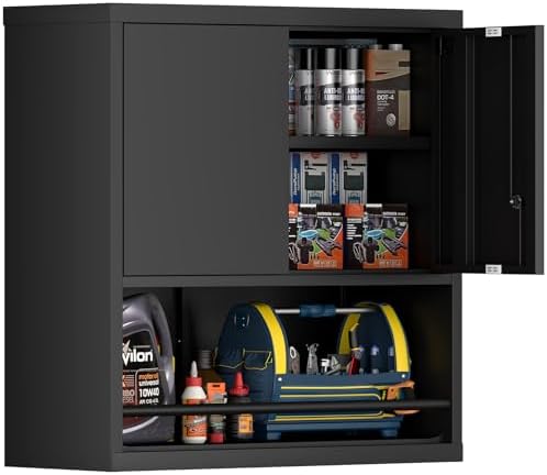 IRONFFICE Garage Storage Cabinets,Metal Wall Cabinet with Doors and Shelves,Locking Storage Cabinet for Workshop,Warehouse,Home Office,Black by IRONFFICE