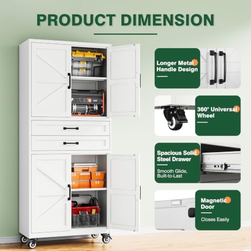 Letaya Metal Garage Storage Cabinets with Wheels,White Rolling Tool Cabinet - Image 4
