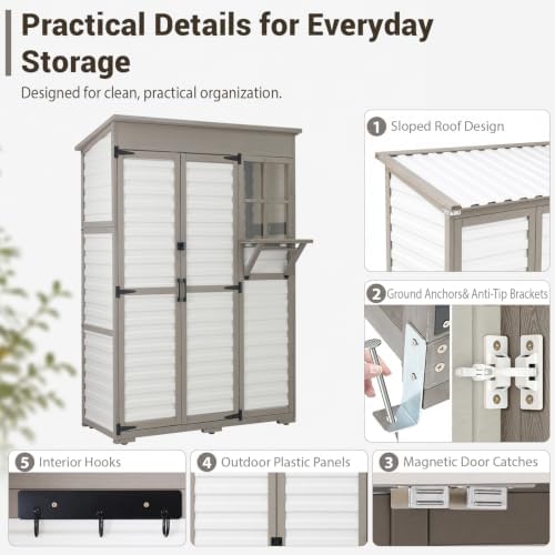 Ketive Outdoor Storage Cabinet, Fold-Down Shelf, 3 Shelves, 6 Hooks - Image 6