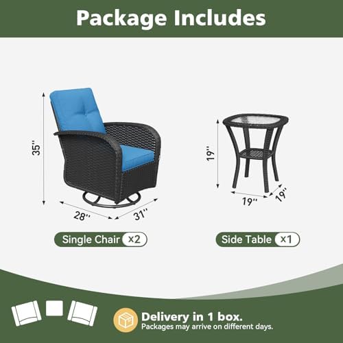 Aoxun 3 Piece Outdoor Patio Furniture Set with Side Table, Outdoor Patio Furniture Sets with High Back Swivel Rocker Chairs, Outdoor Sofa Set with Ottoman for Backyard & Garden, Peacock Blue - Image 2