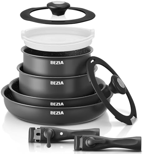 BEZIA Induction Cookware Set 10 Pieces, Nonstick Pots and Pans Set with Removable Handles, for All Hobs, Stackable Design, Dishwasher/Oven Safe, PFAS Free by BEZIA