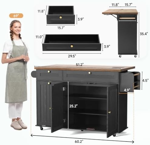 ONBRILL 60" Kitchen Island with Trash Can Storage, Rolling Island Table - Image 2