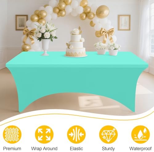Smiry 2 Pack Spandex Table Cloth 8FT, Elastic Fitted Aqua Tablecloth - Image 2