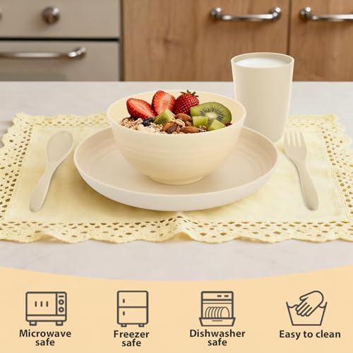 Kitchen Wheat Straw Dinnerware Sets for 4, Unbreakable Kids Dish Set 20 PCS - Dinner Plate/Cereal Bowl/Cup/Fork/Spoon, for Outdoor Camping, RV, Apartment Essentials - Beige - Image 5