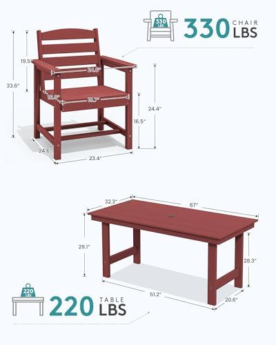 SERWALL 7 Pcs Outdoor Dining Set, 67" HDPE Dining Set for 6, Red - Image 4