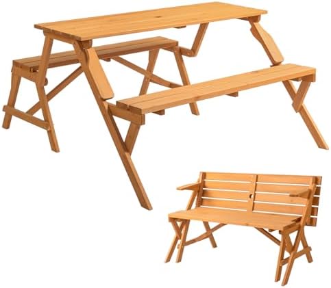 VINGLI 2-in-1 Outdoor Wooden Picnic Table and Bench Set with Umbrella Hole – Convertible Design for Garden, Patio, Porch, Deck – Natural Wood by VINGLI