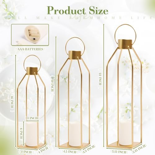 HPC DECOR Modern Farmhouse Lantern Decor- 22''19''16''Tall Large Gold Metal Candle Lanterns for Home Decor-Lanterns Decorative w/Timer Flickering Candles for Living Room,Outdoor,Fireplace Mantle Decor - Image 2