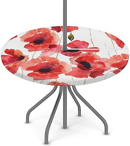 Fitted Round Tablecloth with Umbrella Hole and Zipper Red Flowers Outdoor Elastic Table Cloth 45"-56" Oil-Proof Waterproof Floral Patio Table Cover for Picnic Party - Image 2