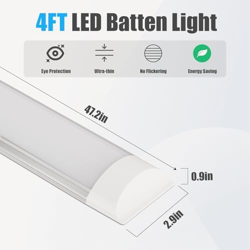 2 Packs 4FT LED Batten Light with 50cm Cable, Ultra-Thin Ceiling Surface Mounted Light, 40W, 4000K, IP20, LED Ceiling Lamp for Garage, Shop, Hallway, Office, Market - Image 3