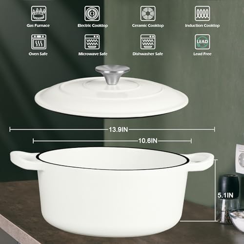Leonyo 6-Quart Enameled Cast Iron Dutch Oven Pot with Lid, White - Image 2