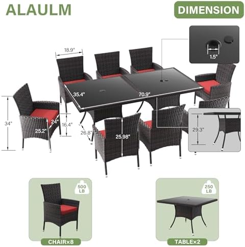 ALAULM 10 Piece Patio Dining Set All-Weather Wicker Outdoor Dining Table and Chairs w/Tempered Glass Tabletop, Removable Cushions and Umbrella Hole for Patio, Backyard, Garden, Poolside (Red) - Image 5