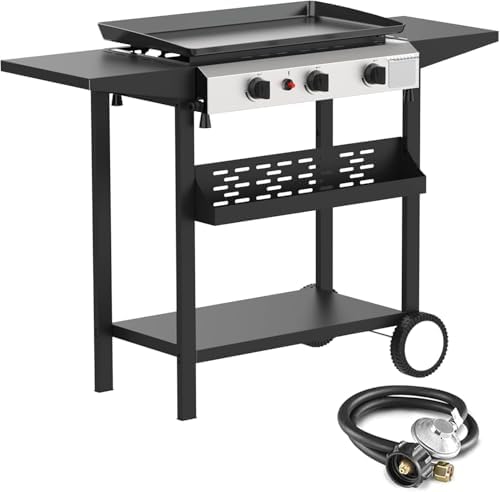 3 Burner BBQ Gas Griddle, 25.6 Inch Stainless Steel Portable Detachable Propane Griddle, 30,000 BTU Flat Top Barbecue Grill with Side Shelves for Camping by ADREAK