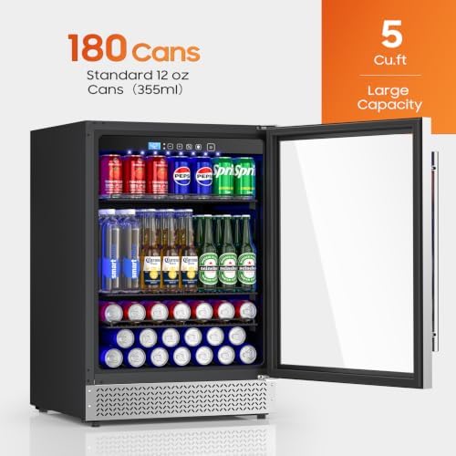 24 Inch Beverage Refrigerator, 180 Cans Under Counter Refrigerator with Glass Door Built-in or Freestanding, Drink Fridge for Soda Beer Wine-Kitchen Bar Office - Image 2