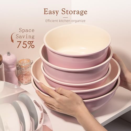 Astercook 21 Pcs Pots and Pans Set Non Stick, Ceramic Cookware Set Detachable Handle, RV Kitchen Cooking Set Removable Handles, Oven Safe, Induction Ready, Stackable, Pink, Fathers Day Gift for Men - Image 6