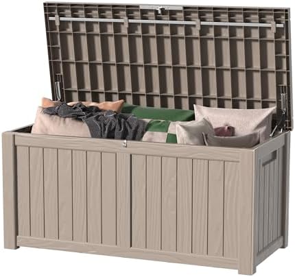 DRATO 150 Gallon Deck Boxes Outdoor Waterproof, Resin Large Lockable Storage Box with Lid, Outdoor Storage Bench Patio Cushions Furniture, Garden Tools, Pool Accessories(Grey, 150 Gallon) by DRATOprovidesawarmandcozy