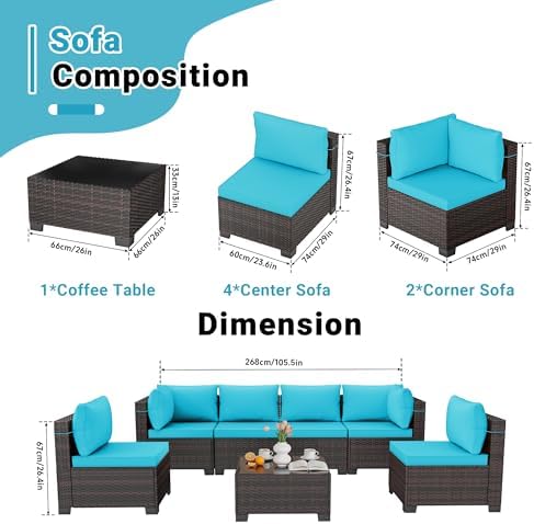 LEVELEVE 7-Piece Outdoor Patio Furniture Sets, Manual Weaving Rattan Conversation Sectional Sofa with Tempered Glass Coffee Table, All-Weather PE Wicker & Thick Cushions for Garden, Backyard, Porch - Image 2