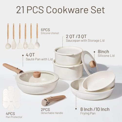 CAROTE Pots and Pans Set Non Stick, Detachable Handle Cookware, 21pcs,White - Image 2