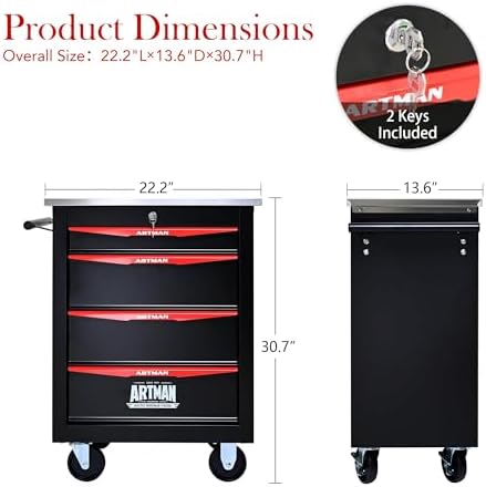 4-Drawer Heavy-Duty Rolling Steel Tool Cart with Handle&Wheels, Metal Storage Organizer Cabinet, Tool Chest for Efficient Tool Storage in Garage, Warehouse, Workshop, Repair Shop, Black&RED - Image 4