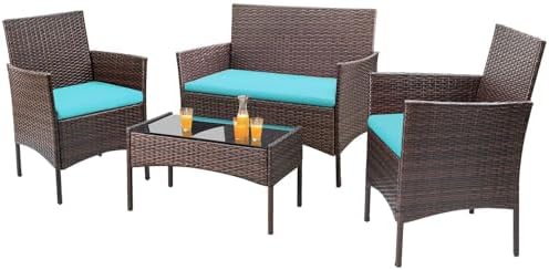 Homall 4 Pieces Patio Rattan Chair Wicker, Outdoor Indoor Use Backyard Porch Garden Poolside Balcony Furniture Sets (Blue) by Homall