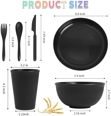36 Pcs Wheat Straw Dinnerware Set,Dinnerware Sets for 6,Large Round Plates, Bowls and Cups, Unbreakable dish set, Dishwasher and Microwave Safe, Outdoor Camping Dishes (Black) - Image 2