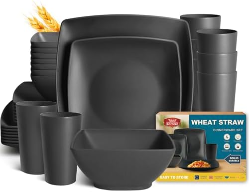 Teivio 32-piece Plastic Wheat Straw Square Dinnerware Set for 8, Unbreakable Dinner Plates, Salad Plates, Snack Bowls, Tumblers, Dishwasher Safe, Outdoor Kitchen Dinning RV Essentials Dish, Black by Teivio
