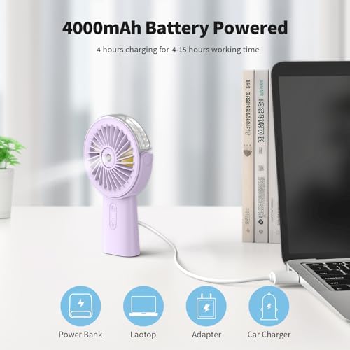 Otlonpe Handheld Misting Fan Portable, Small Personal Hand Held Rechargeable Mist Fan Water Spray, 4000mAh Battery Operated Hand Mister Fans 3-Speed, 4-15 Hrs Runtime for Travel Home Office Outdoor - Image 3