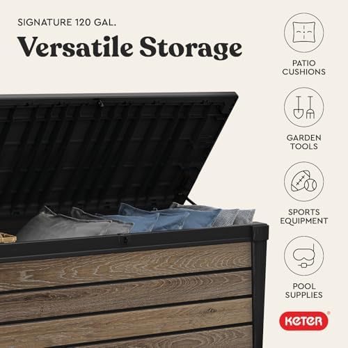 Keter Signature Collection 120 Gallon Resin Deck Box Organization and Storage Box for Patio Outdoor Cushions, Throw Pillows, Garden Tools and Pool Supplies, Walnut - Image 6
