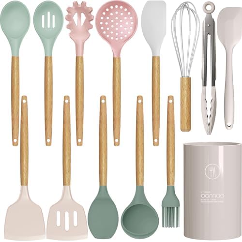 oannao Silicone Cooking Utensils Set - 446°F Heat Resistant Silicone Kitchen Utensils for Cooking,Kitchen Utensil Spatula Set w Wooden Handles, BPA FREE Gadgets for Non-Stick Cookware (Colorful) by oannao