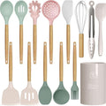 oannao Silicone Cooking Utensils Set - 446°F Heat Resistant Silicone Kitchen Utensils for Cooking,Kitchen Utensil Spatula Set w Wooden Handles, BPA FREE Gadgets for Non-Stick Cookware (Colorful) by oannao