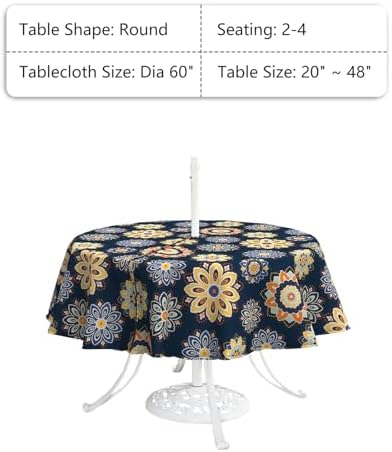 LVTXIII Round Outdoor Tablecloth with Umbrella Hole and Zipper, Water-Repellent 60 Inch Patio Table Cover for Bistro, Garden, Patio & Picnic, Bloom Cobalt - Image 3